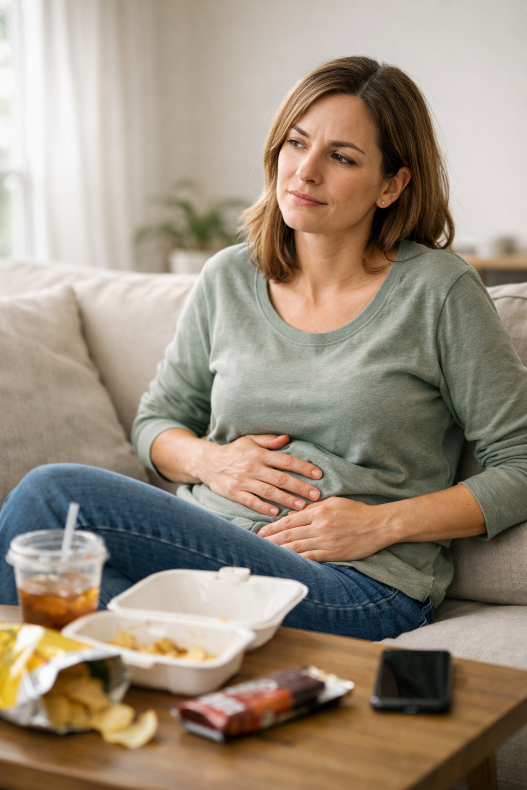 Woman holding stomach discomfort